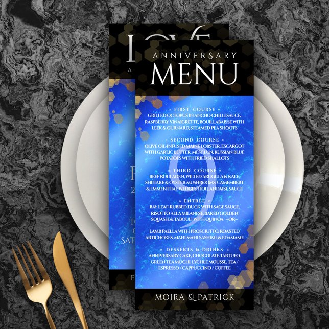 Menu Aniversário Casado do Elegante Nove Lapis Lazuli (Elegant 9th Lapis Lazuli Wedding Anniversary Menu Rack Card Cover Photo.)