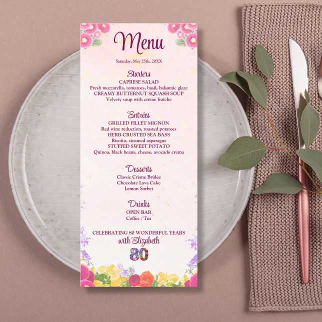 Menu Aniversário de 80 Floral - Pastel Elegant 80 Anos (Criador carregado)