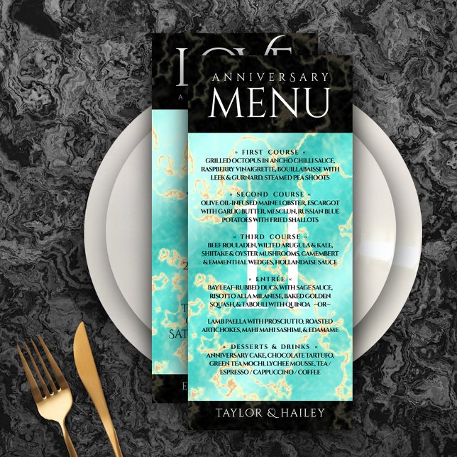Menu Aniversário de Casamento da 11 Turquesa Elegante (Elegant 11th Turquoise Wedding Anniversary Menu Rack Card Cover Photo.)