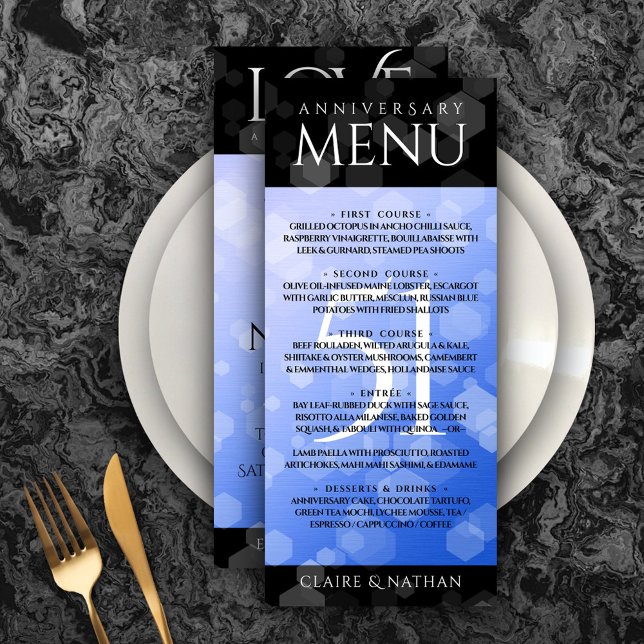 Menu Aniversário de Casamento da rua Elegante 51 (Elegant 51st Sapphire Wedding Anniversary Menu Rack Card Cover Photo.)
