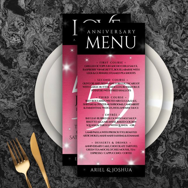 Menu Aniversário de Casamento de Ruby da Elegante 52ª E (Elegant 52nd Star Ruby Wedding Anniversary Menu Rack Card Cover Photo.)