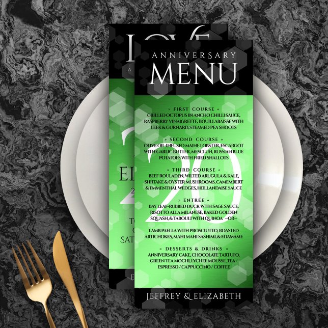 Menu Aniversário de Casamento Elegante 20 Emerald (Elegant 20th Emerald Wedding Anniversary Menu Rack Card Cover Photo.)