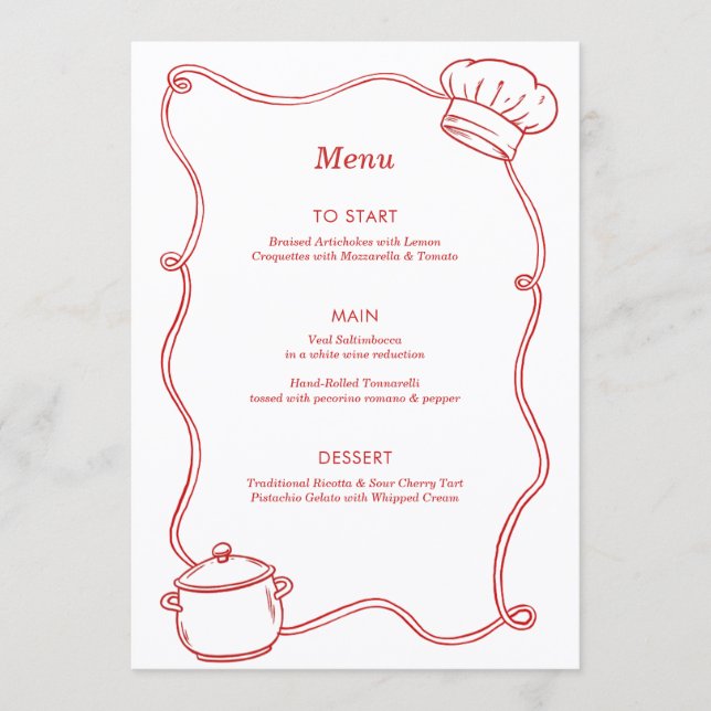 Menu Aniversário Vermelho de Chef de Culinária Desenhad (Frente)