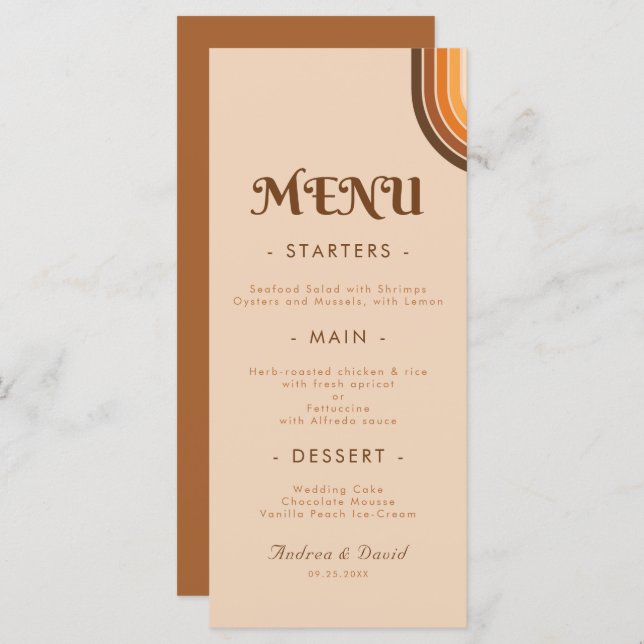Menu Anos setenta Retro Tipografia Arco-Íris Casamento  (Frente/Verso)