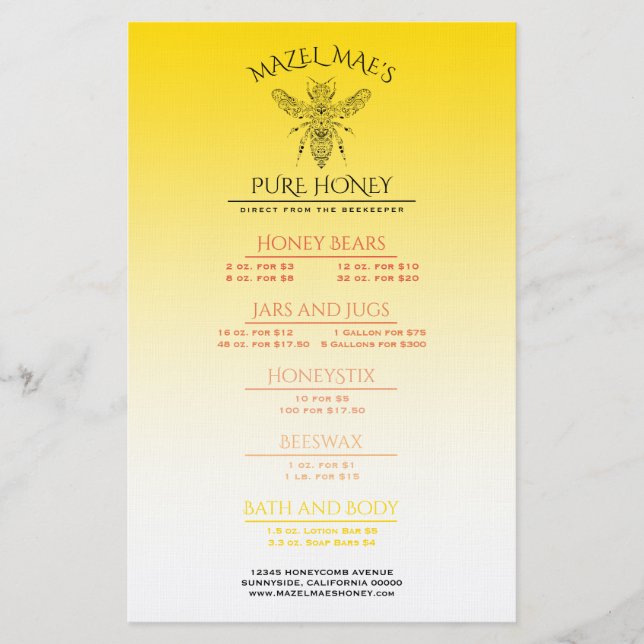 Menu Apiary Honey Personalizado (Frente)