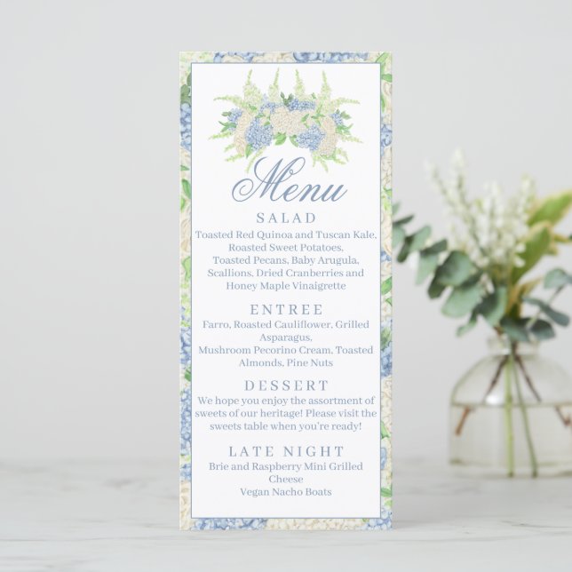 Menu Aquarela Azul e Branco Hydrangea Crest (Em pé/Frente)