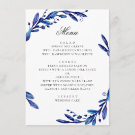 Menu Aquarela azul marinho folhagem floral casamento de