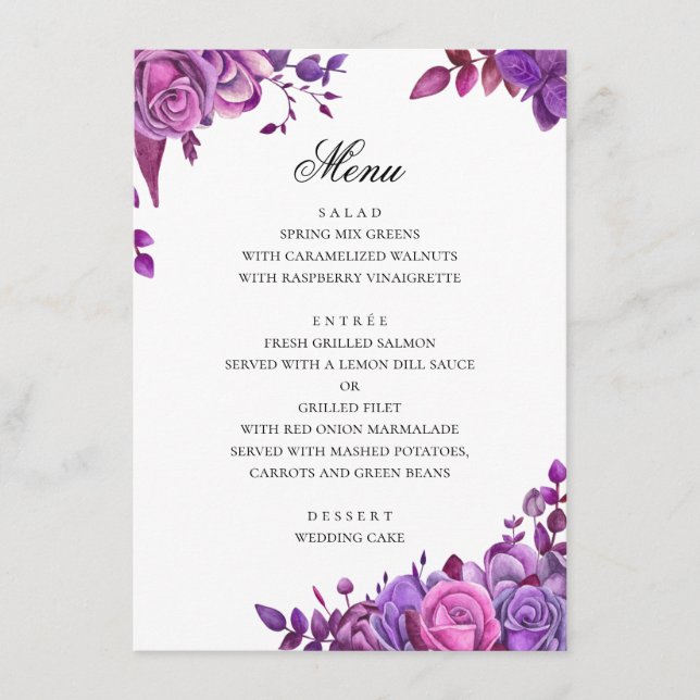 Menu Aquarela casamento roxo. Romântico lavanda (Frente)