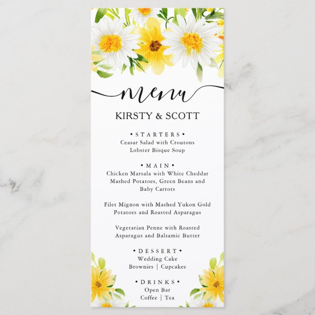 Menu Aquarela de Margaridas e Flores Amarelas Casamento (Frente)