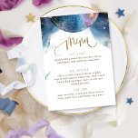 Menu Aquarela de Tema Celestial Alinhado<br><div class="desc">Aprecie seus hóspedes com este maravilhoso Menu Temático Celestial com lindíssimas manchas aquáticas flutuantes e constelações celestes no globo frontal e traseiro. Detalhes modernos da caligrafia manuscrita, tanto na frente quanto no verso. O menu na frente e o tema no verso com o(s) seu(s) nome(s), evento e data. Capacidade de...</div>