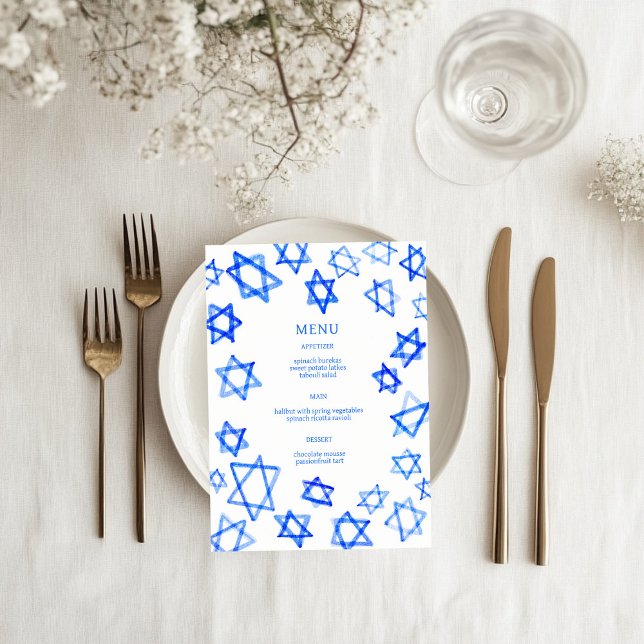 Menu Aquarela Estrela de Davi Bar Mitzvah Azul (Watercolor Blue Star of David Bar Bat Mitzvah Jewish Wedding Custom Menu
)