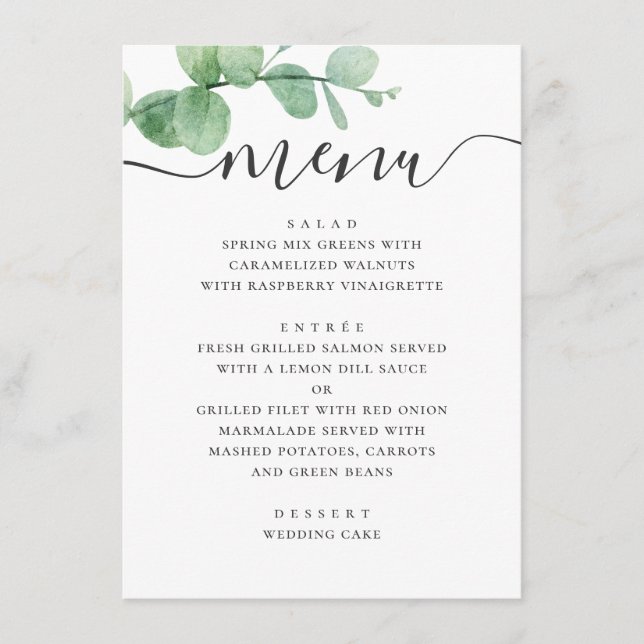 Menu Aquarela eucalipto. Casamento com letra elegante (Frente)
