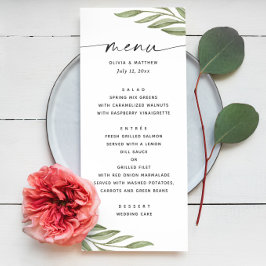 Menu Aquarela folhagem floral verde script casamento