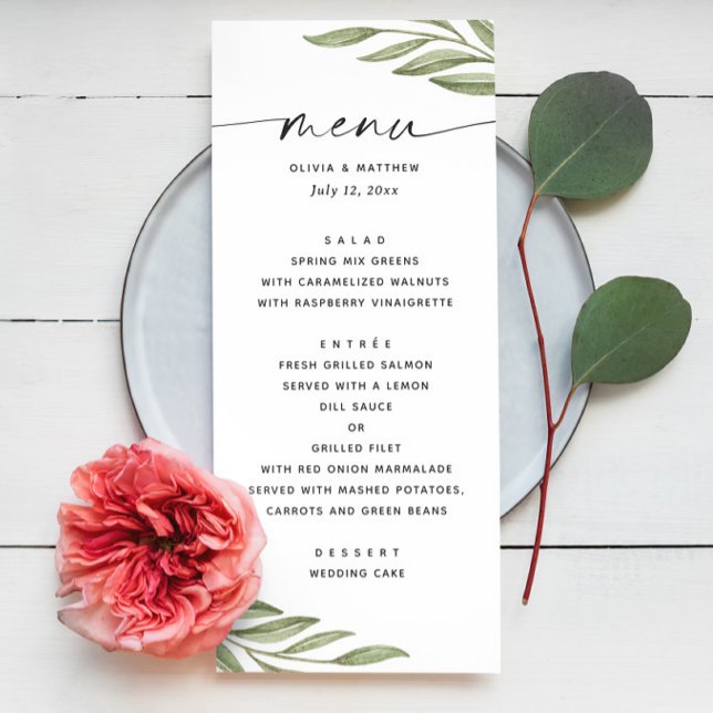 Menu Aquarela folhagem floral verde script casamento (Criador carregado)