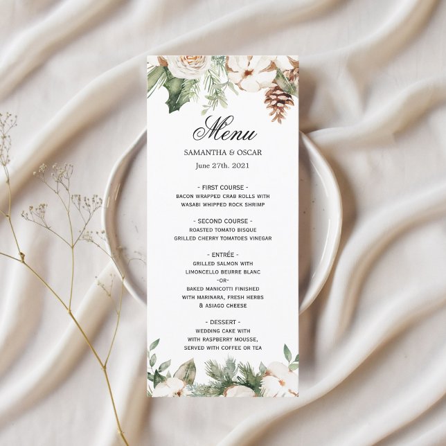 Menu Aquarela Palha Verde de inverno Flores Brancas (Criador carregado)