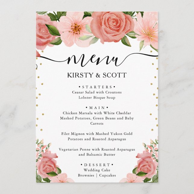 Menu Aquarela Rosas Rosas Flores Casamento (Frente)