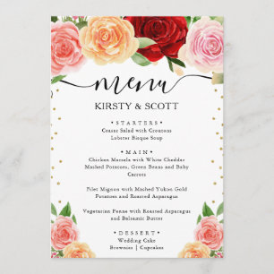 Menu Aquarela Rosas Vermelhas e Laranjas Casamento