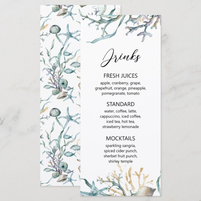 Menu Aquarela Sob O Recife De Coral De Água-Viva (Frente/Verso)
