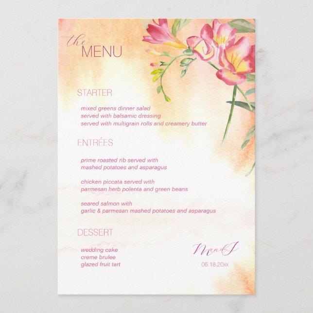 Menu Aquarela Tropical de Freesia Aquosa (Frente)
