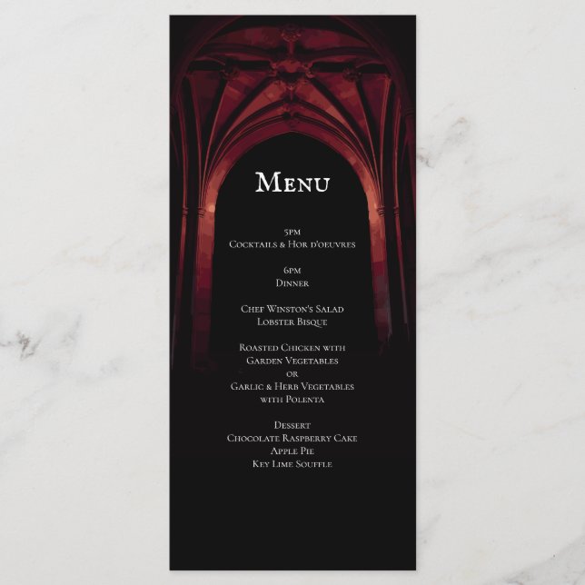 Menu Arca Gótica Casamento Elegante Vermelho Negro Negr (Frente)