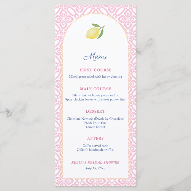 Menu Arch Girly Pink Com Chá de fraldas De Limão (Frente)