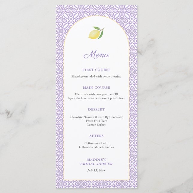 Menu Arch Lemons Lavender Bridal Shower Party (Frente)