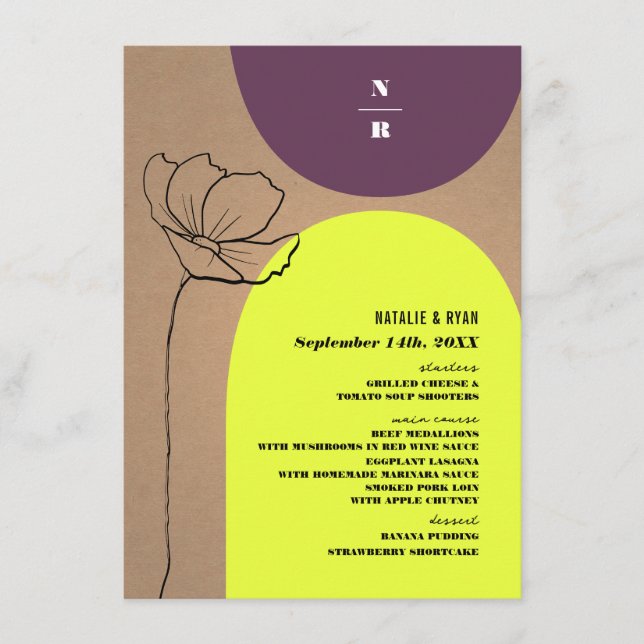 Menu Arches Florais Casamento Neon Plum Monograma (Frente)
