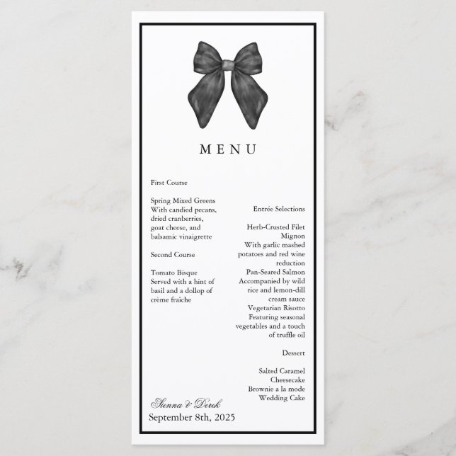 Menu Arco de Fita Clássico Casamento Preto e Branco (Frente)