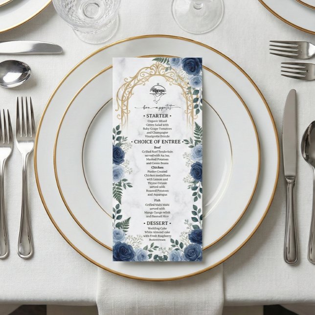 Menu Arco de Folha de Ouro Falso Azul Marinho com Impre (Criador carregado)