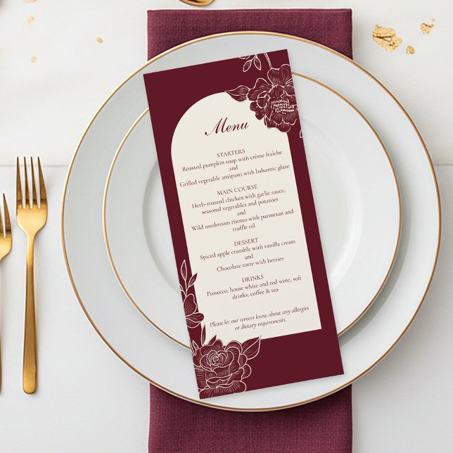 Menu Arco Floral de Noiva em Marfim com Burgundy Profun (Deep Burgundy Floral Line Art with Ivory Arch Wedding Menu)