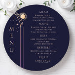Menu Arco-Íris Azul Sol Lua Azul Estende Casamento Espa<br><div class="desc">Marinho Místico Arco-Íris Escuro Azul Sol Lua Estrelas Espaciais Astronomia Cósmica Menu Casamento Celestial Cartões apresentam estrelas douradas simples sobre um fundo azul marinho escuro com seus detalhes de menu no centro em um roteiro moderno de caligrafia pêssego. Personalize editando o texto nas caixas de texto fornecidas. Elaborado por ©2024...</div>