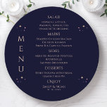 Menu Arco-Íris Místico Azul Sol Lua Estende Casamento E<br><div class="desc">Marinho Místico Arco-Íris Escuro Azul Sol Lua Estrelas Espaciais Astronomia Cósmica Menu Casamento Celestial Cartões apresentam estrelas douradas simples sobre um fundo azul marinho escuro com seus detalhes de menu no centro em um roteiro moderno de caligrafia pêssego. Personalize editando o texto nas caixas de texto fornecidas. Elaborado por ©2024...</div>