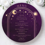 Menu Arco-Íris Místico Sol Lua Solar Estende Casamento<br><div class="desc">Mística Arco-Íris Plum Sol Lua Espacial Astronomia Cósmica Cartões de Menu Casamento Celestial apresentam um ouro sol, lua e estrelas sobre fundo profundo de ameixa com seus detalhes de menu no centro em um roteiro moderno de caligrafia. Personalize editando o texto nas caixas de texto fornecidas. Projetado pelo Evco Studio...</div>