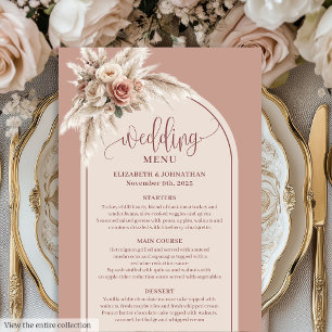 Menu Arco Refinado Pastel Rosa Pampas Floral Casamento 