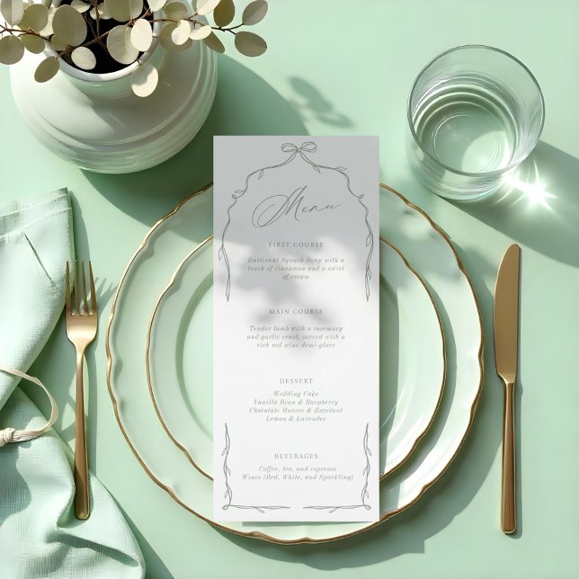 Menu Arco Verde Elegante e Casamento de Fita (Elegant Green Hand Drawn Bow & Ribbon Wedding Menu)
