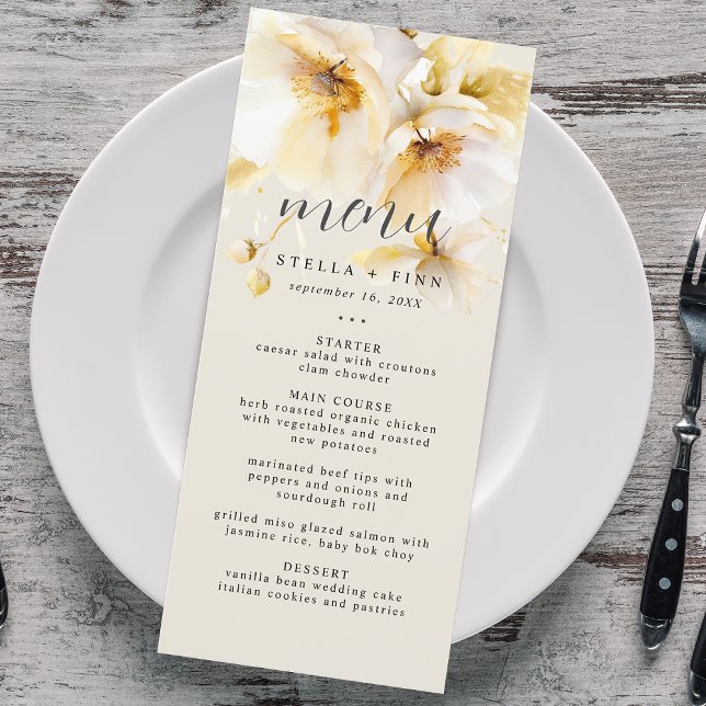 Menu Areia Dourada de Casamento Branco da Flor Elegante (Elegant Flower White Gold Wedding Sand Menu)
