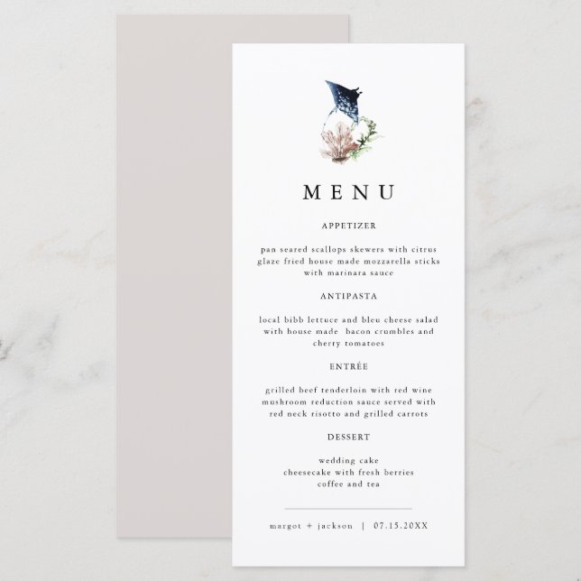 Menu ARIEL Tropical Ocean Coral Manta Ray Beach (Frente/Verso)