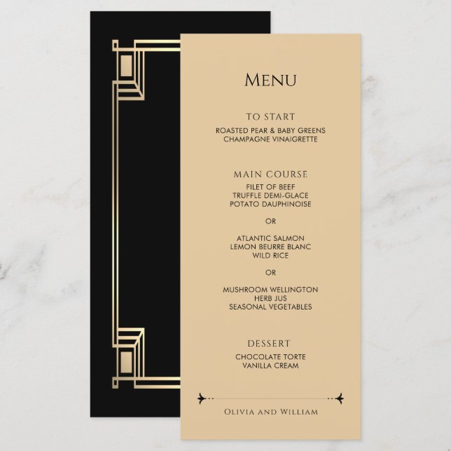 Menu Art Deco Elegant Gold Frame Wedding (Frente/Verso)