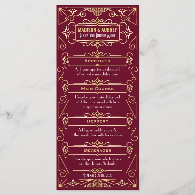 Menu Art Deco Recepção de casamento Janto Dourado Burgu (Frente)
