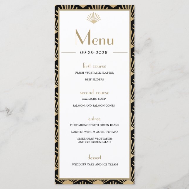 Menu Art Deco Weding Black Dourado Twenties Vintage (Frente)