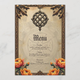 Menu Arte celta e talão floral em tons quentes.