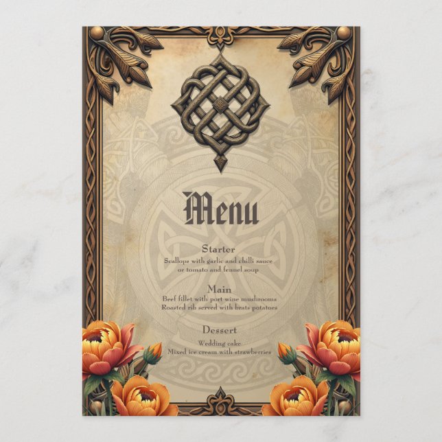 Menu Arte celta e talão floral em tons quentes. (Frente)