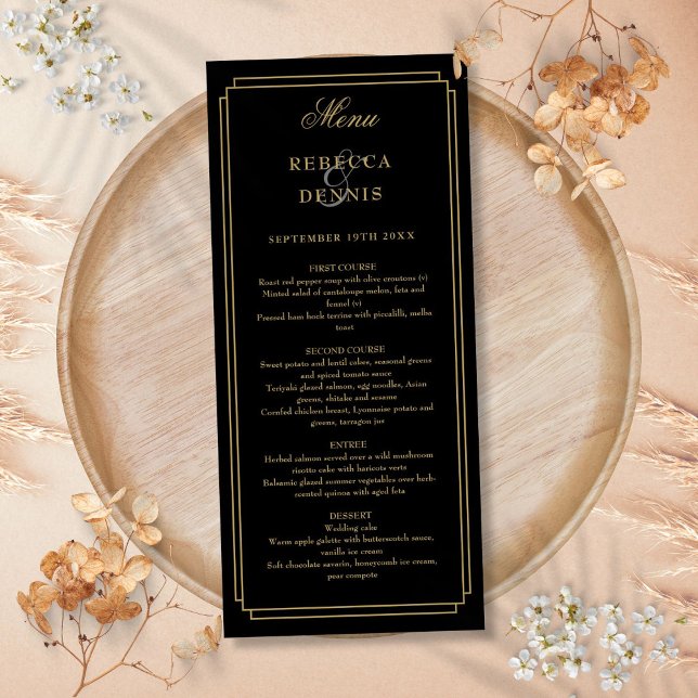 Menu Arte Clássica Deco Preto e Dourado Casamento (Classic Art Deco Black And Gold Wedding Menu)