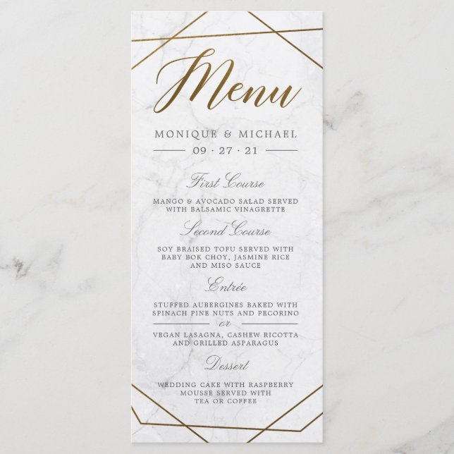 Menu Arte Deco Geométrica Moderna em Mármore e Dourado  (Frente)