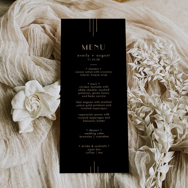 Menu Arte Elegante Deco Negra e Dourada Casamento (EVERLY Elegant Art Deco Black and Gold Wedding Menu)