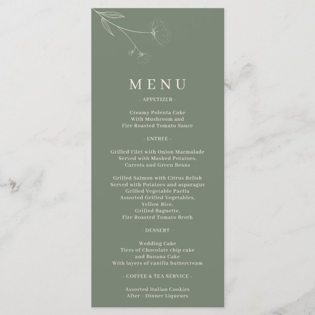 Menu Arte Floral em Algodão Verde Sálvia Casamento (Frente)