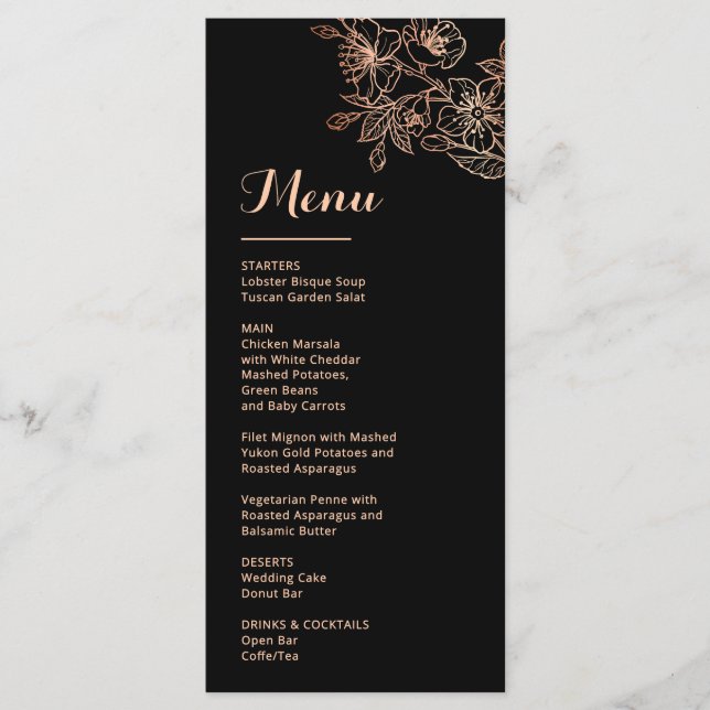 Menu Arte Linear Floral em Rose Gold Casamento Preto (Frente)