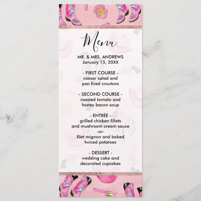 Menu Artsy Cute Girly Pink Teal Cowgirl Watercolor (Frente)