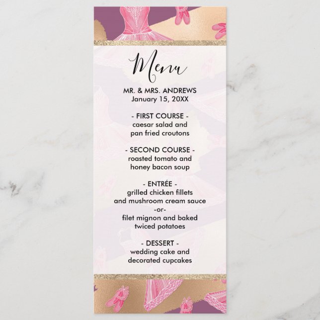 Menu Artsy Girly Pink Dourado Purple Ballerina Calçados (Frente)