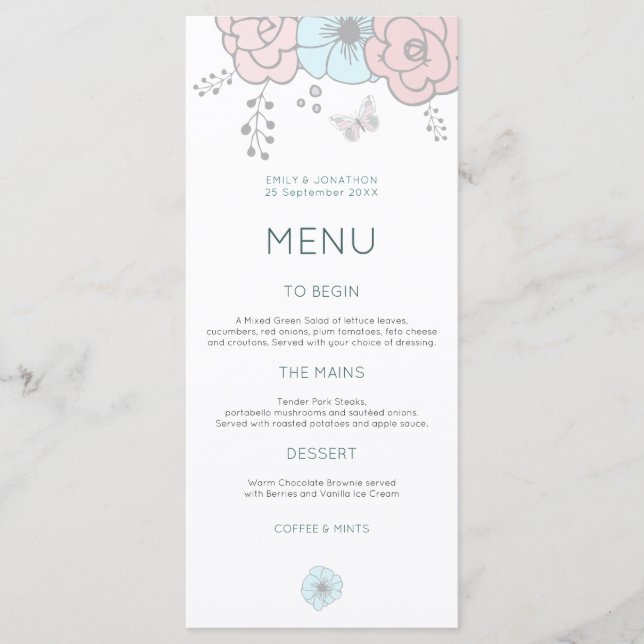 Menu Artsy Modern Florals Borboleta Rosa Casamento Azul (Frente)